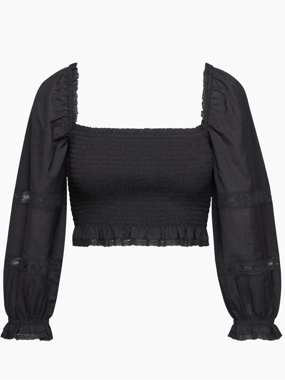 Aritzia Soirée Blouse Smocked Square Neck Black Crop Top